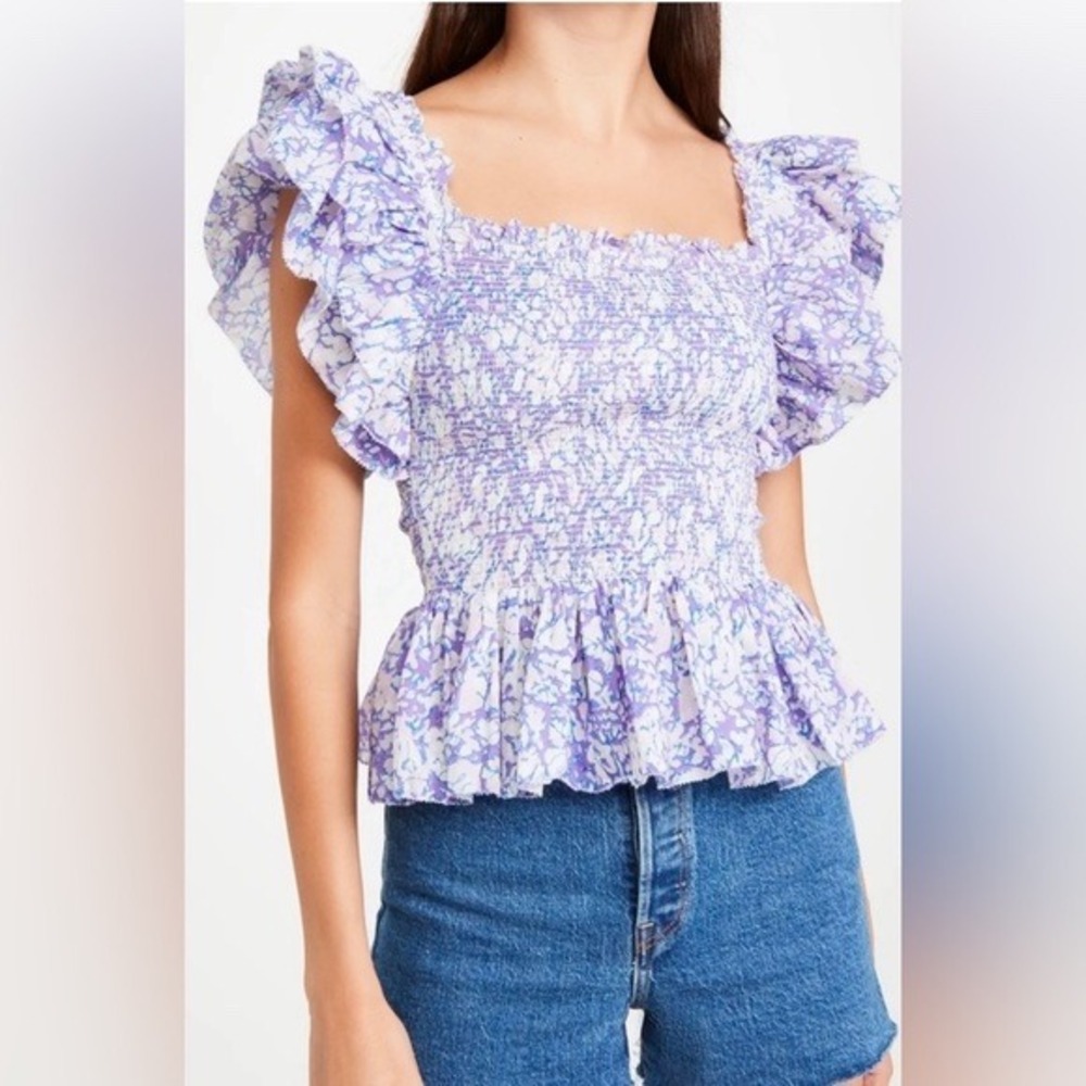 Love The Label Purple Floral Smocked Ruffle Peplum Top XS - Picture 3 of 7